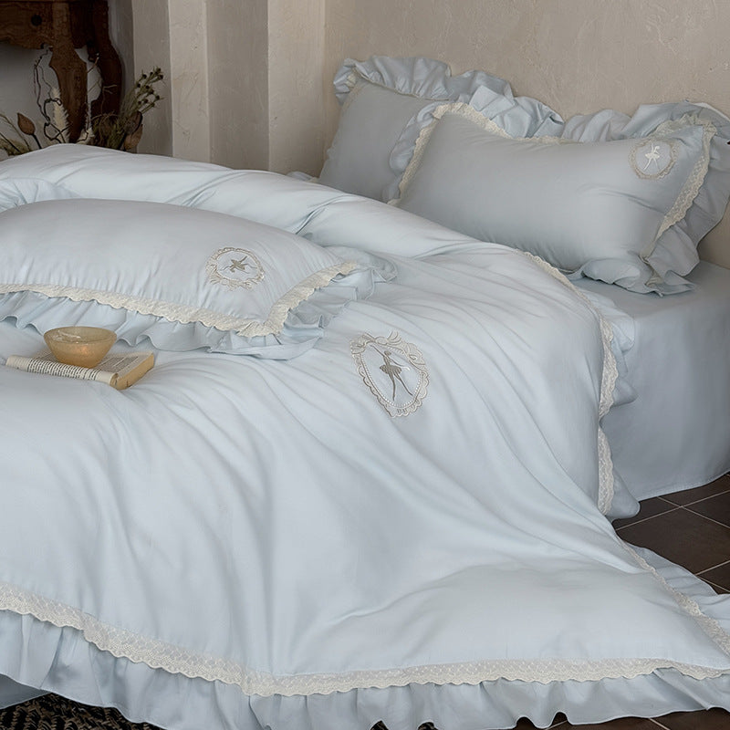 Luxury Ruffled Embroidered Cotton Duvet Cover Set