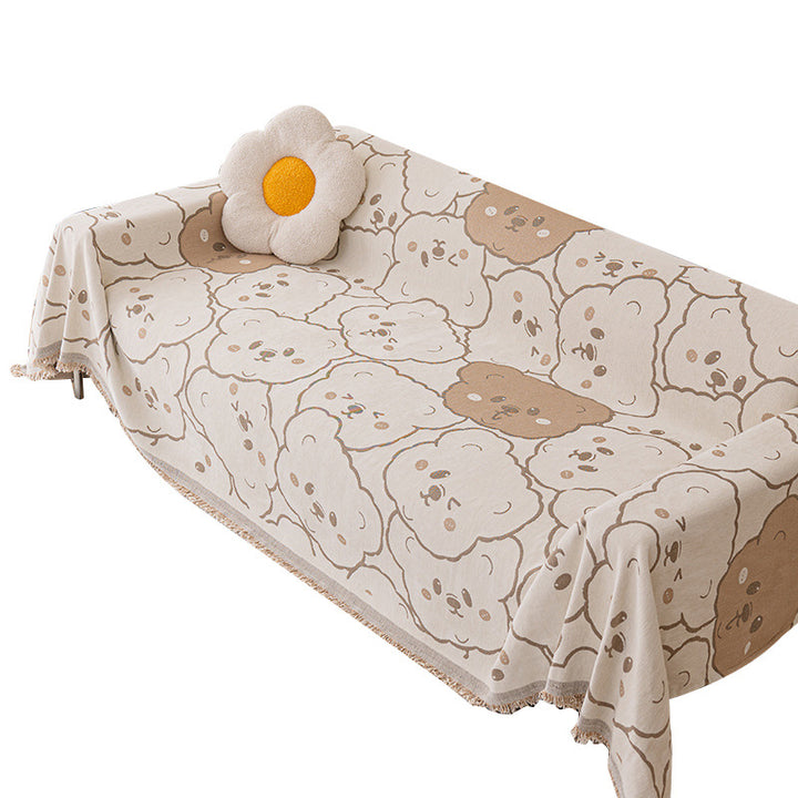 Decorative Woven Sofa Throw Blanket with Cute Teddy Face Motif and Fringed Edges