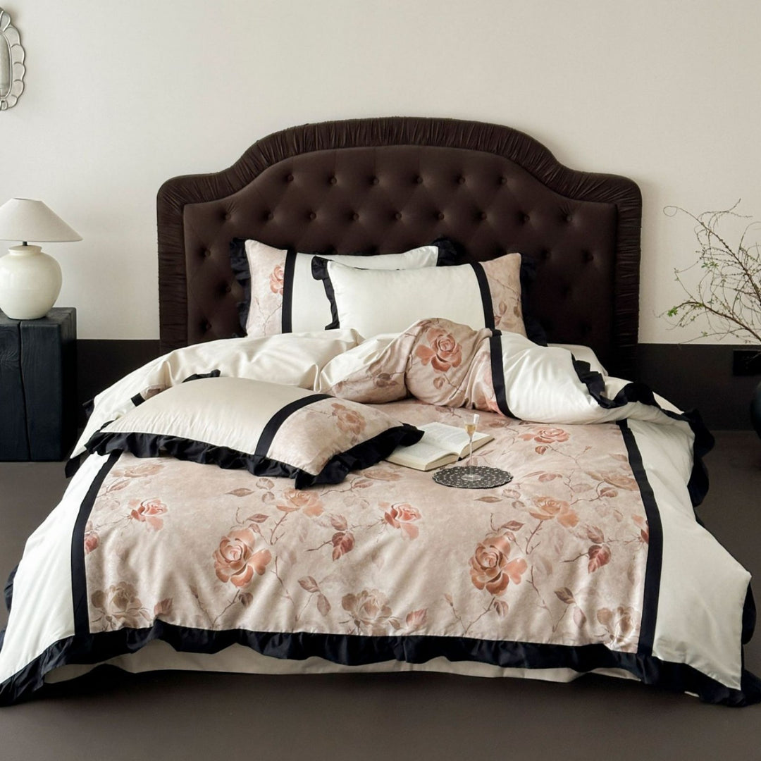 Premium bedding set made of cotton satin with floral jacquard and contrasting frill