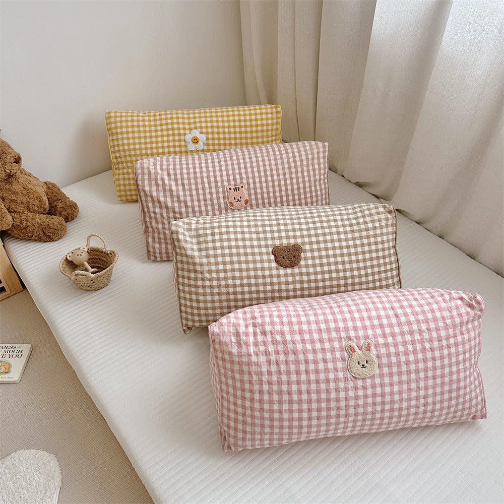 Gingham Bolster Nursery Pillow with Embroidered Daisy Appliqué Cotton Cover
