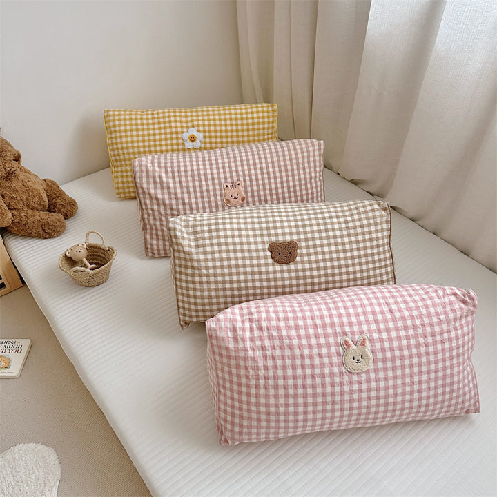 Gingham Bolster Nursery Pillow with Embroidered Daisy Appliqué Cotton Cover