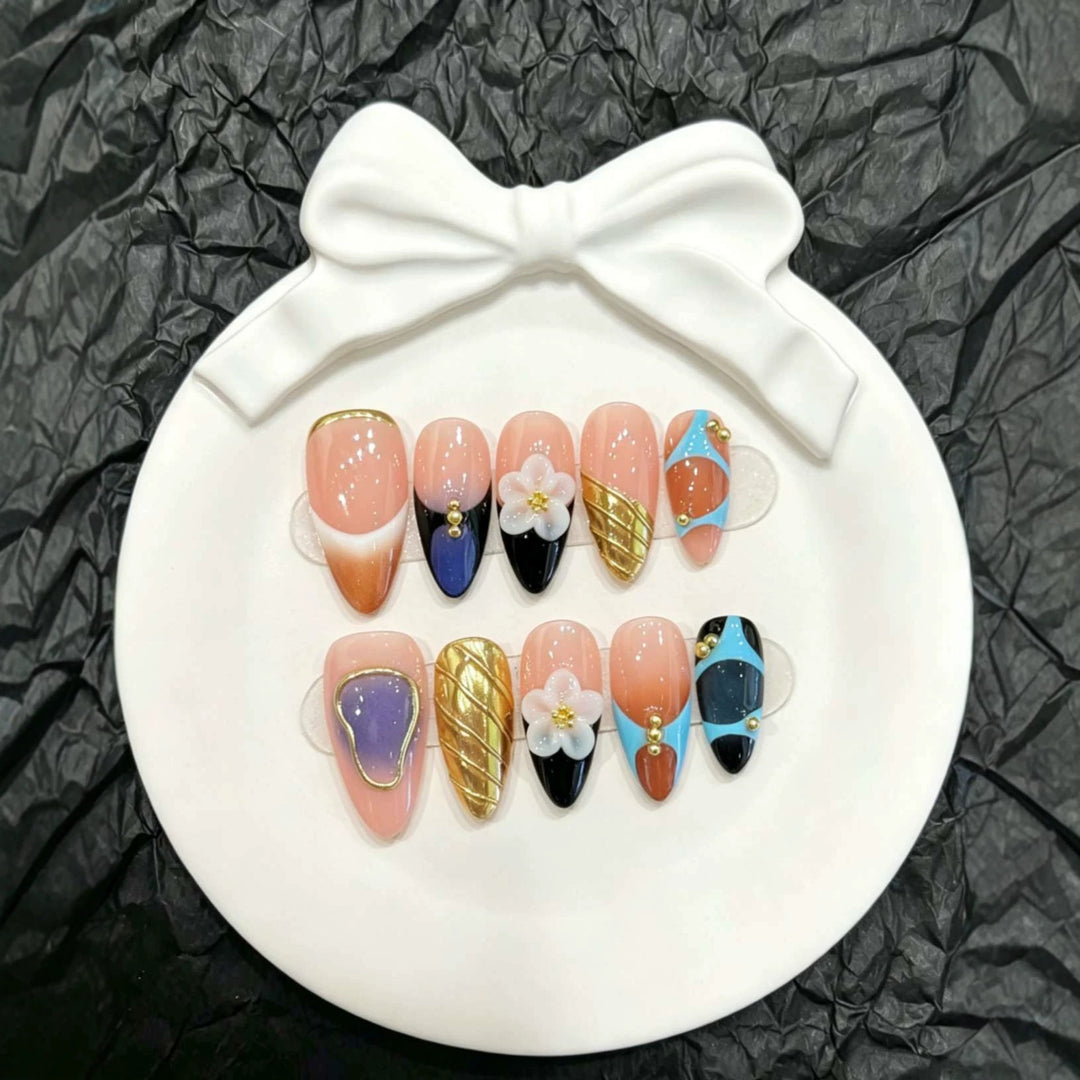 Decorative Press-On Nail Art Set with Floral and Geometric Designs
