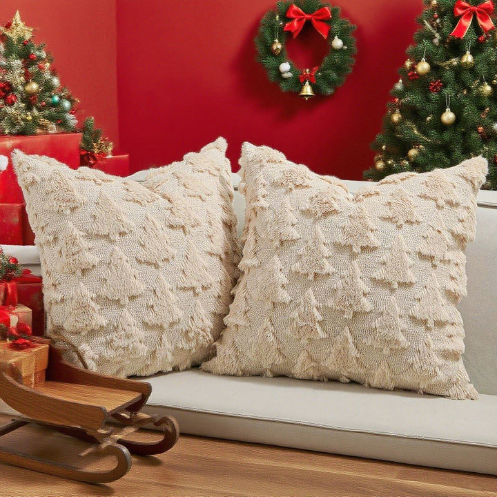 Festive Tufted Tree-Pattern Square Throw Pillow Covers with Plush Texture and Hidden Zipper