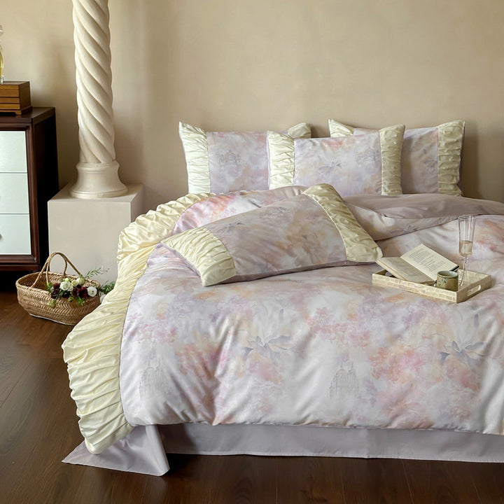 Pastel Watercolor Floral Satin-Trim Ruffled Duvet Cover Set