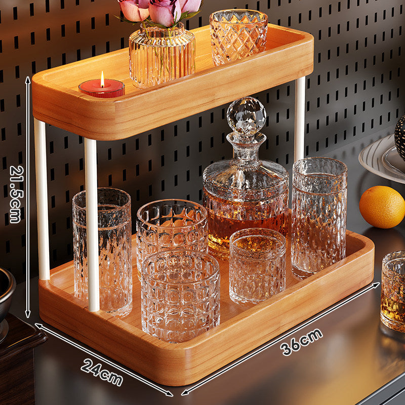Double-Tier Wooden Cocktail Bar Serving Tray Organizer