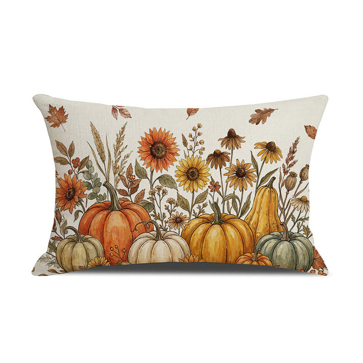 Rectangular Linen-Cotton Decorative Pillow Cover with Polka Dot Background and Autumn Pumpkin Floral Print
