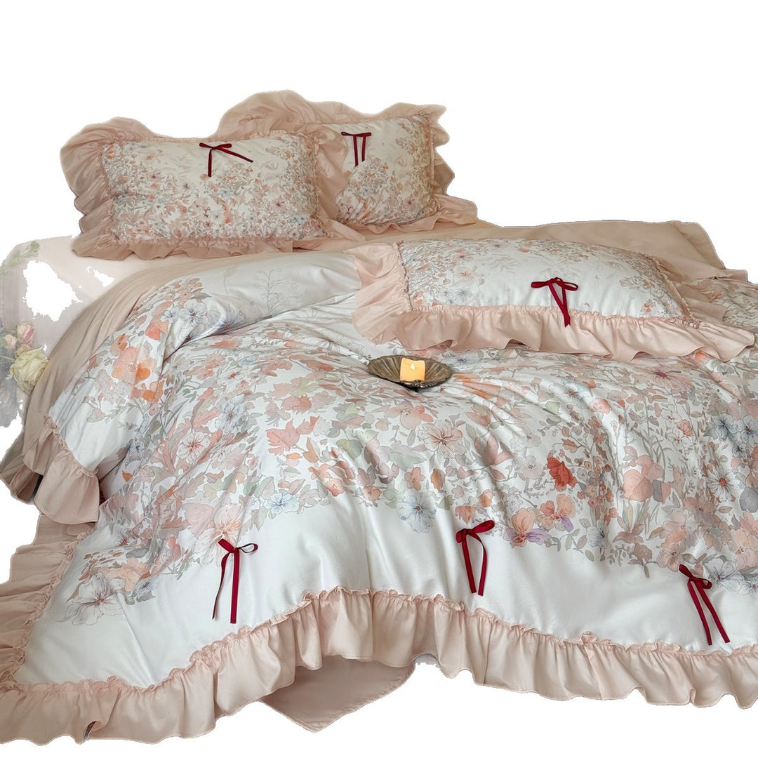 Romantic Floral Ruffled Duvet Cover Set with Ribbon-Tied Shams