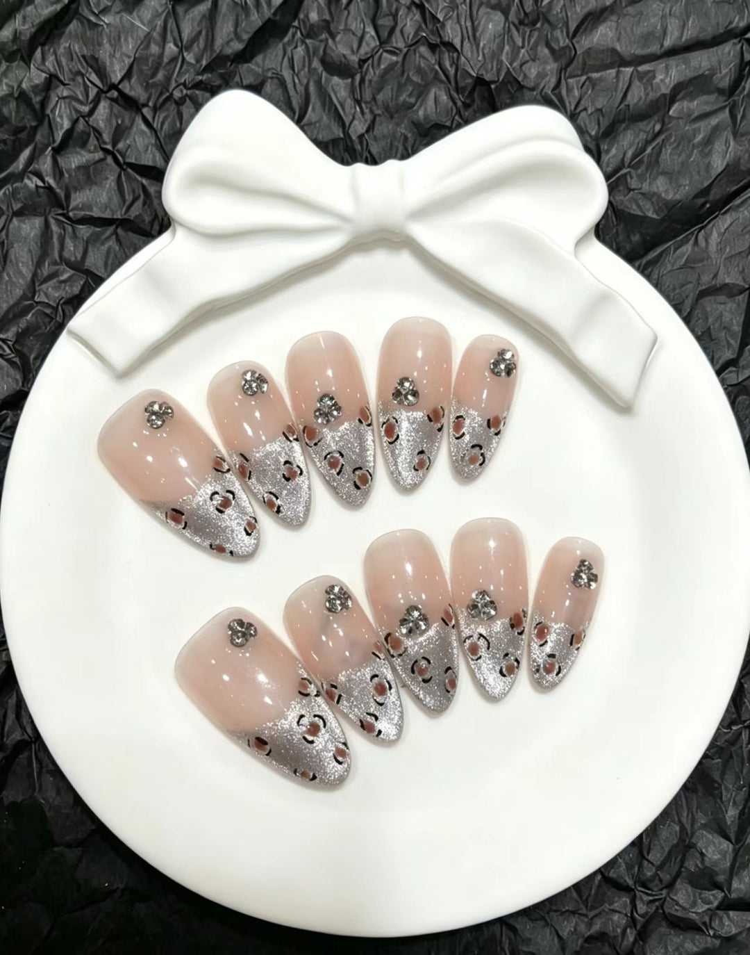 Decorative Press-On Nail Art Set with Gem and Silver Accents