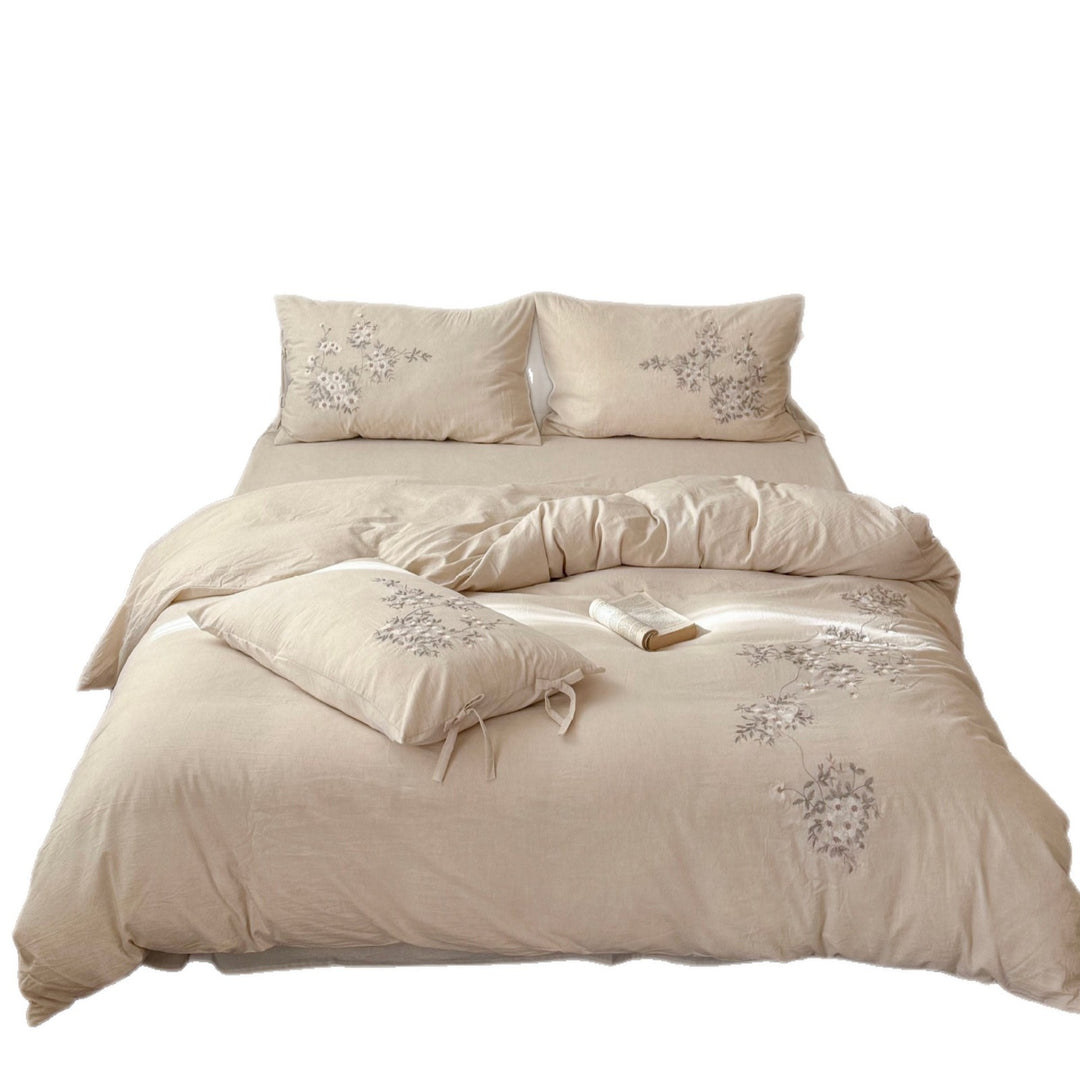 Embroidered Linen Duvet Cover and Tie-Closure Pillowcase Set
