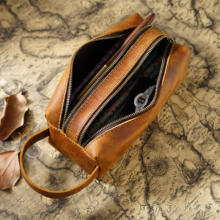 Dual-Zipper Leather Pencil Case