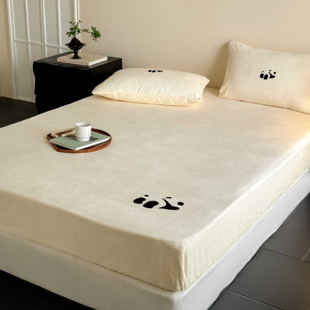 Corduroy Textured Fitted Bed Sheet and Pillowcase Set with Embroidered Panda Accents