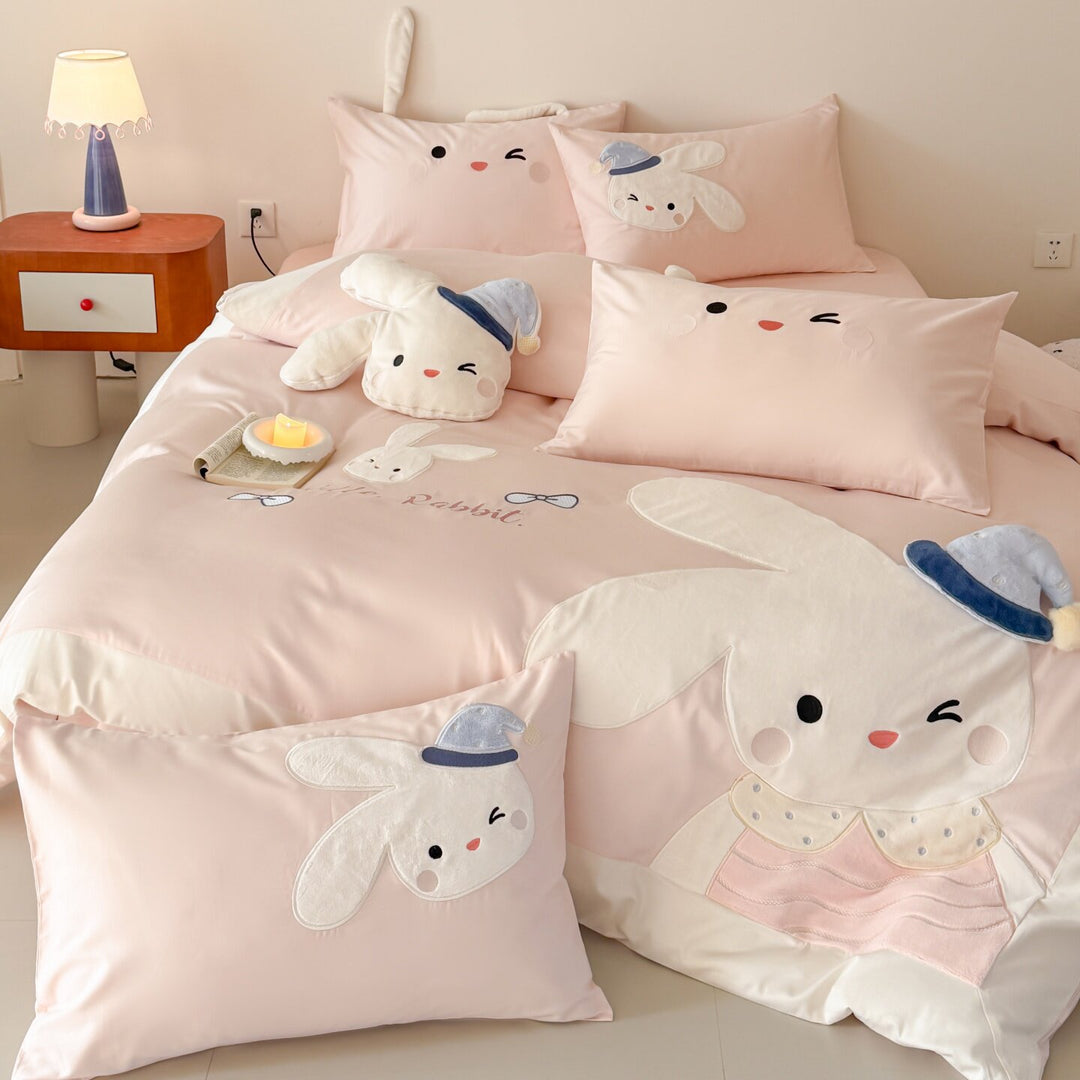 Cute Bunny Embroidered Cotton Sateen Duvet Cover Set with Plush Appliqué & Ear Pillow Shams