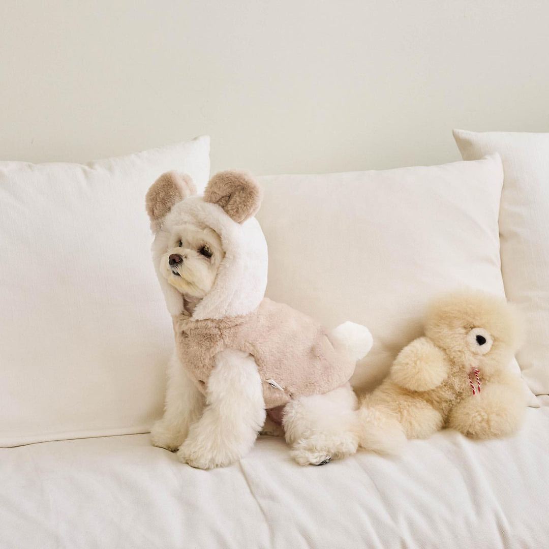 Plush Hooded Dog Jacket with Decorative Ears and Back D-Ring