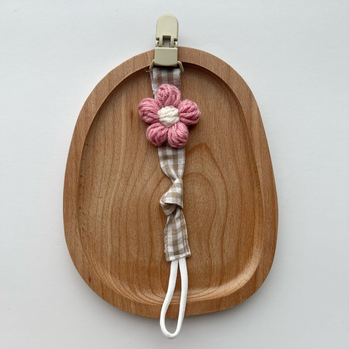 Pacifier and Teether Clip with Wooden Safety Clip and Crochet Flower