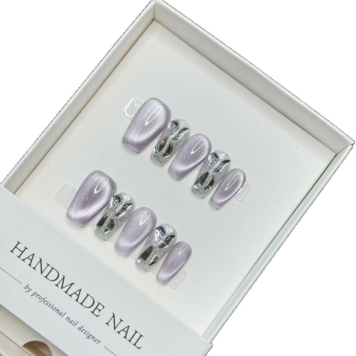 Handmade Press-On Nail Art Set with Glitter Accents