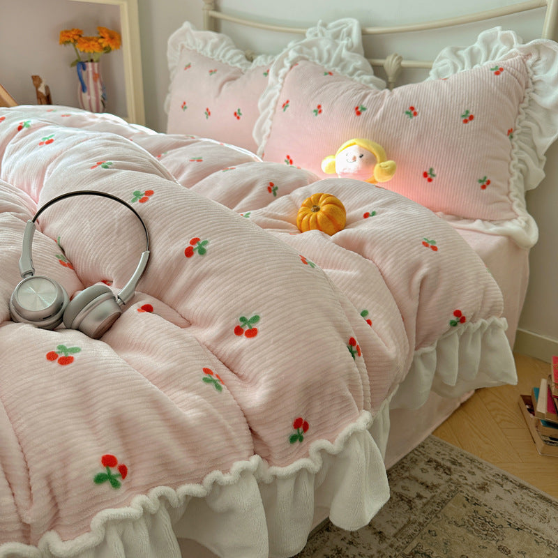 Ruffled Cherry-Print Quilted Comforter and Pillow Sham Set