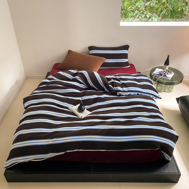 Brushed Cotton Flannel Striped Duvet Cover & Pillowcase Set with Hidden Zip & Corner Ties
