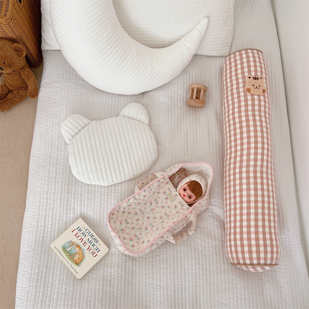 Gingham Bolster Nursery Pillow with Embroidered Daisy Appliqué Cotton Cover