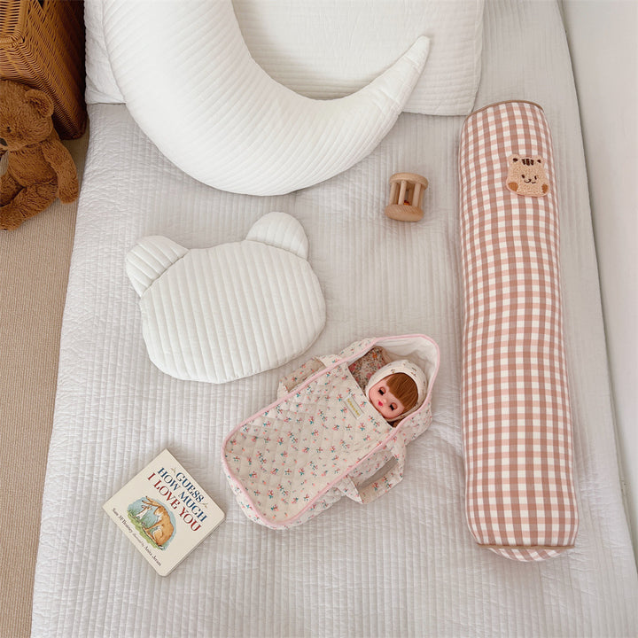 Gingham Bolster Nursery Pillow with Embroidered Daisy Appliqué Cotton Cover