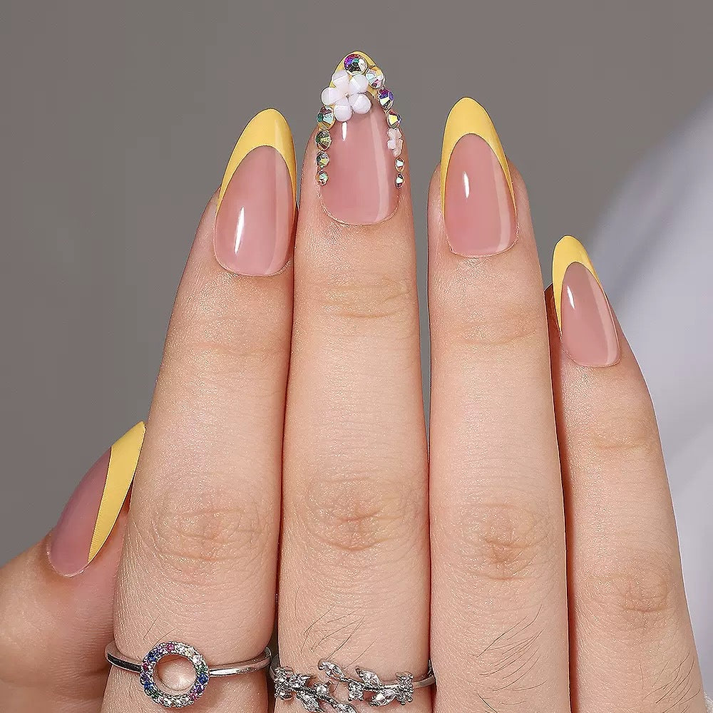 Artificial nail set with elegant French design and 3D flower decorations Stornfield