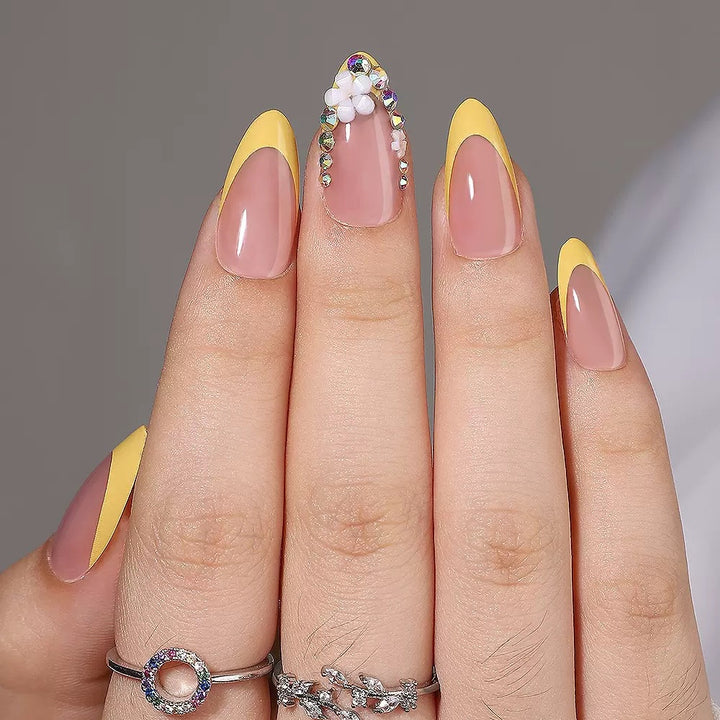 Artificial nail set with elegant French design and 3D flower decorations Stornfield