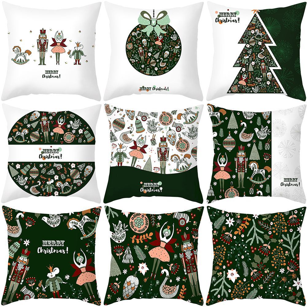 Square Linen-Blend Holiday Cushion Cover with Nutcracker & Vintage Ornament Print