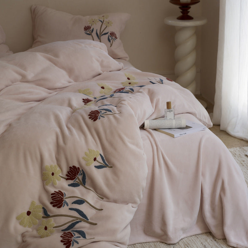 Botanical Embroidered Plush Cotton Duvet Cover Set with Reversible Quilted Comforter