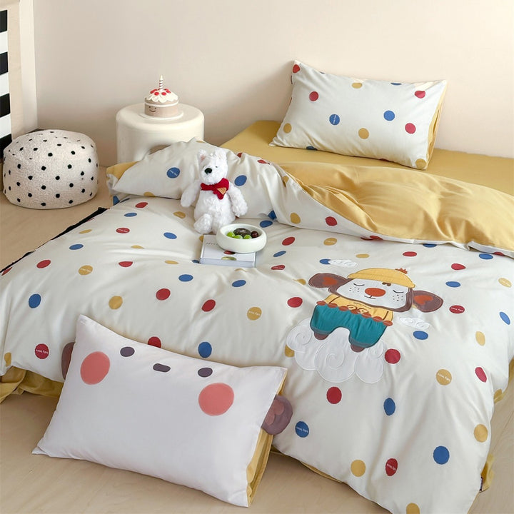 Children's Panda Appliqué Cotton Sateen Duvet Cover Set with Grid Print and Reversible Pillowcase