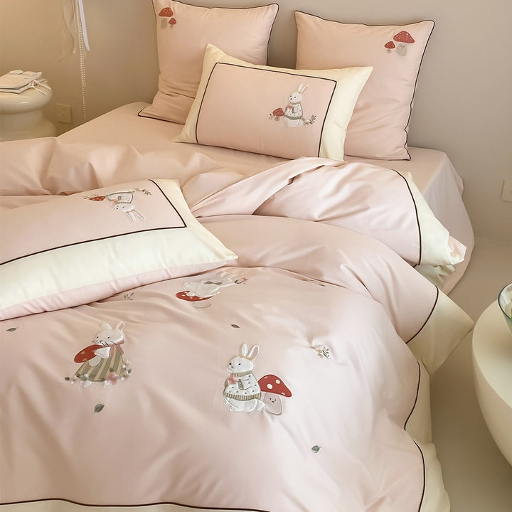 Embroidered Cotton Sateen Bunny and Mushroom Duvet Cover Set with Contrast Piping