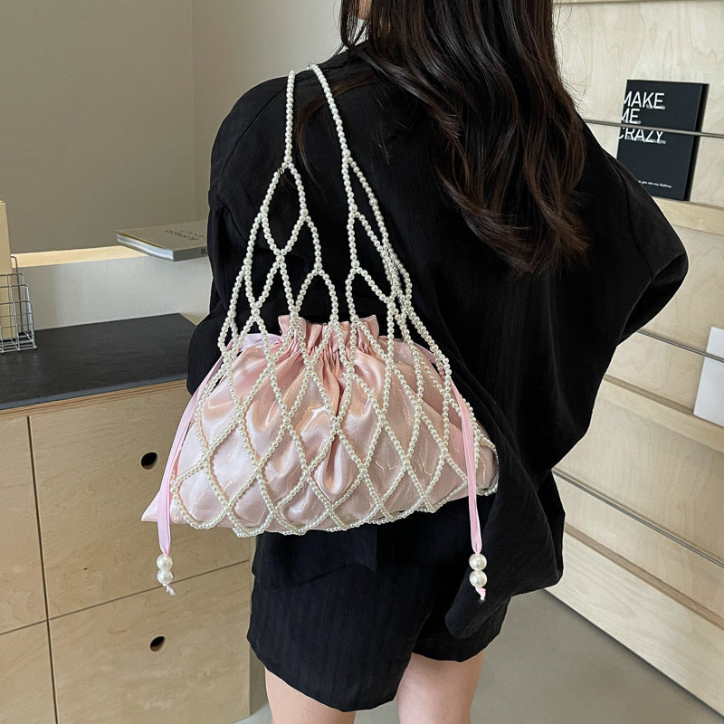 Pearl-Embellished Drawstring Evening Purse