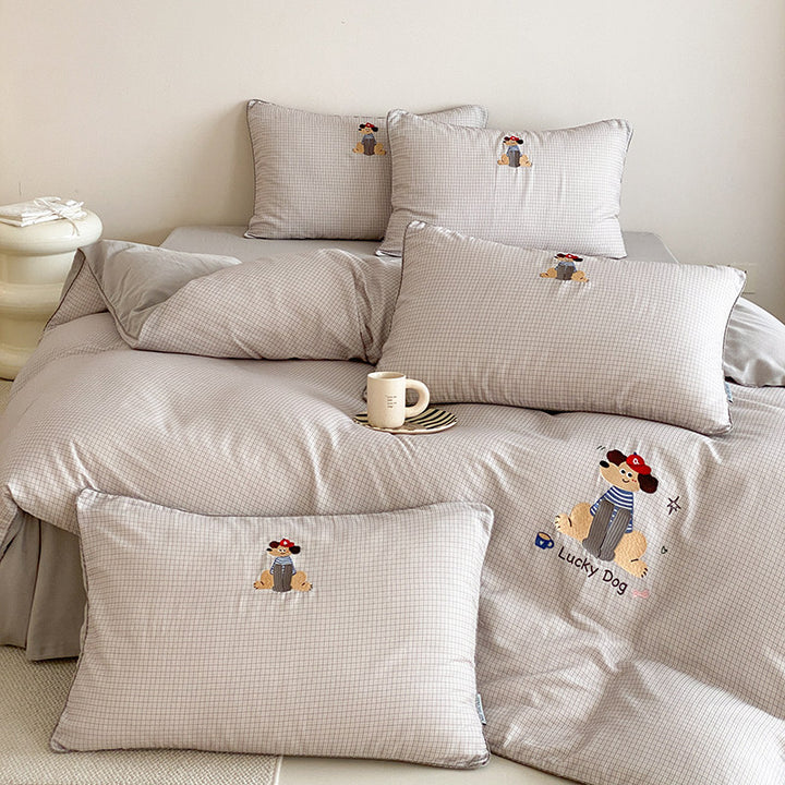 Embroidered Cotton Bedding Duvet Cover Set with Playful Lucky Dog Motif