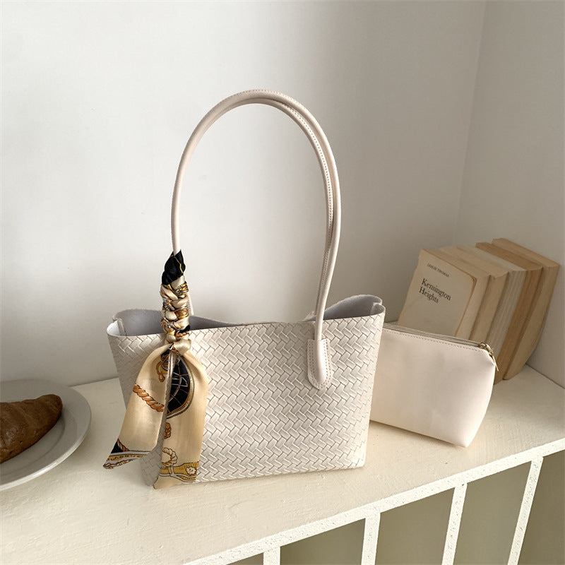 Woven Leather Tote Bag with Decorative Scarf