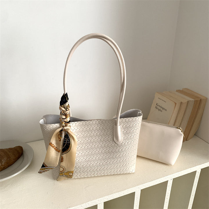 Woven Leather Tote Bag with Decorative Scarf