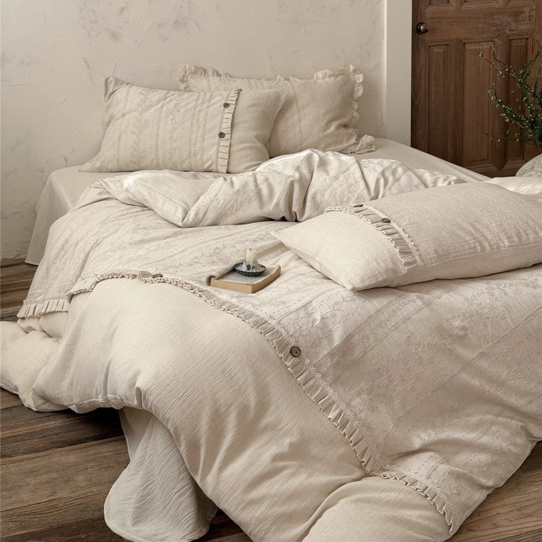 Vintage Floral Linen-Blend Duvet Cover Set with Frilled Trim and Wooden Button Closure