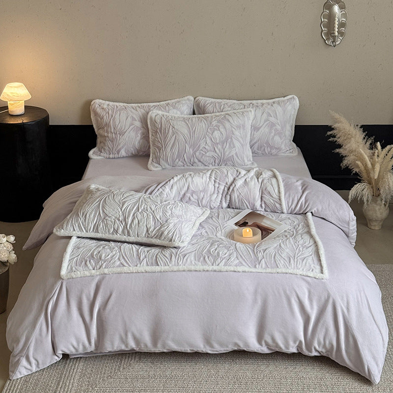 Botanical Embossed Quilted Duvet Cover Ensemble with Sherpa-Trim Reversible Throw and Euro Shams