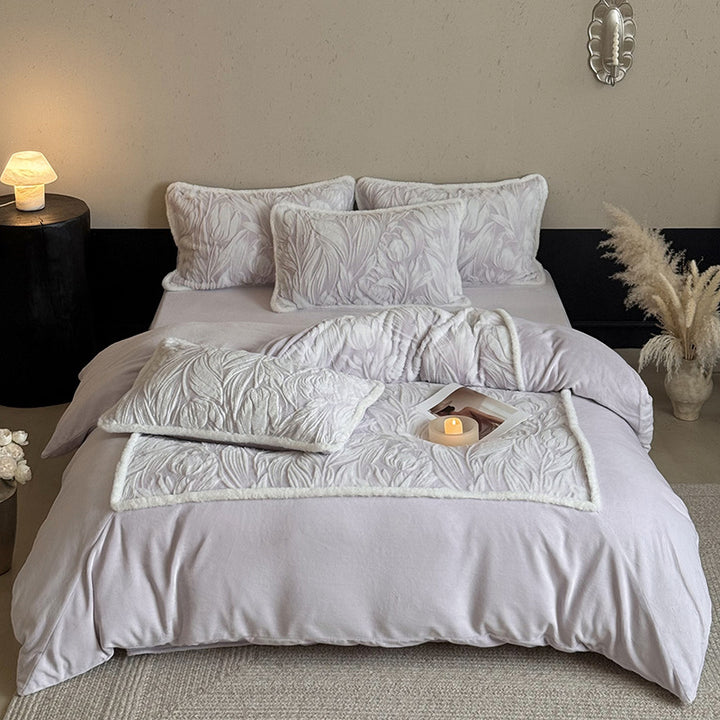 Botanical Embossed Quilted Duvet Cover Ensemble with Sherpa-Trim Reversible Throw and Euro Shams