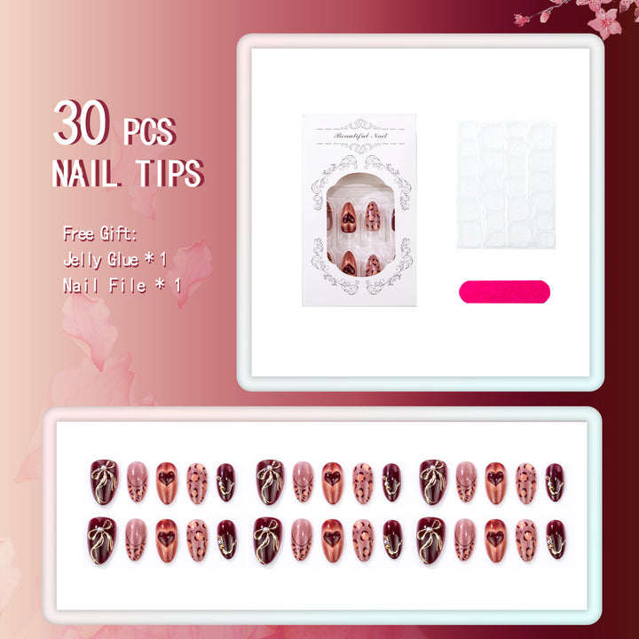 Decorative Press-On Nail Art Set with Animal Print and Heart Accents