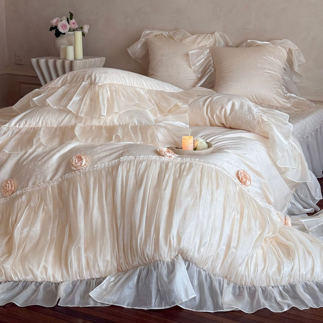 Luxurious Ruffled Satin-Effect Duvet Cover Set with Rosette Accents & Layered Ruffle Skirt