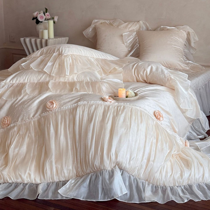 Luxurious Ruffled Satin-Effect Duvet Cover Set with Rosette Accents & Layered Ruffle Skirt