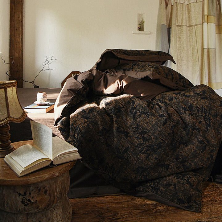 Luxury Breathable Linen Duvet Cover Set with Botanical Jacquard Texture