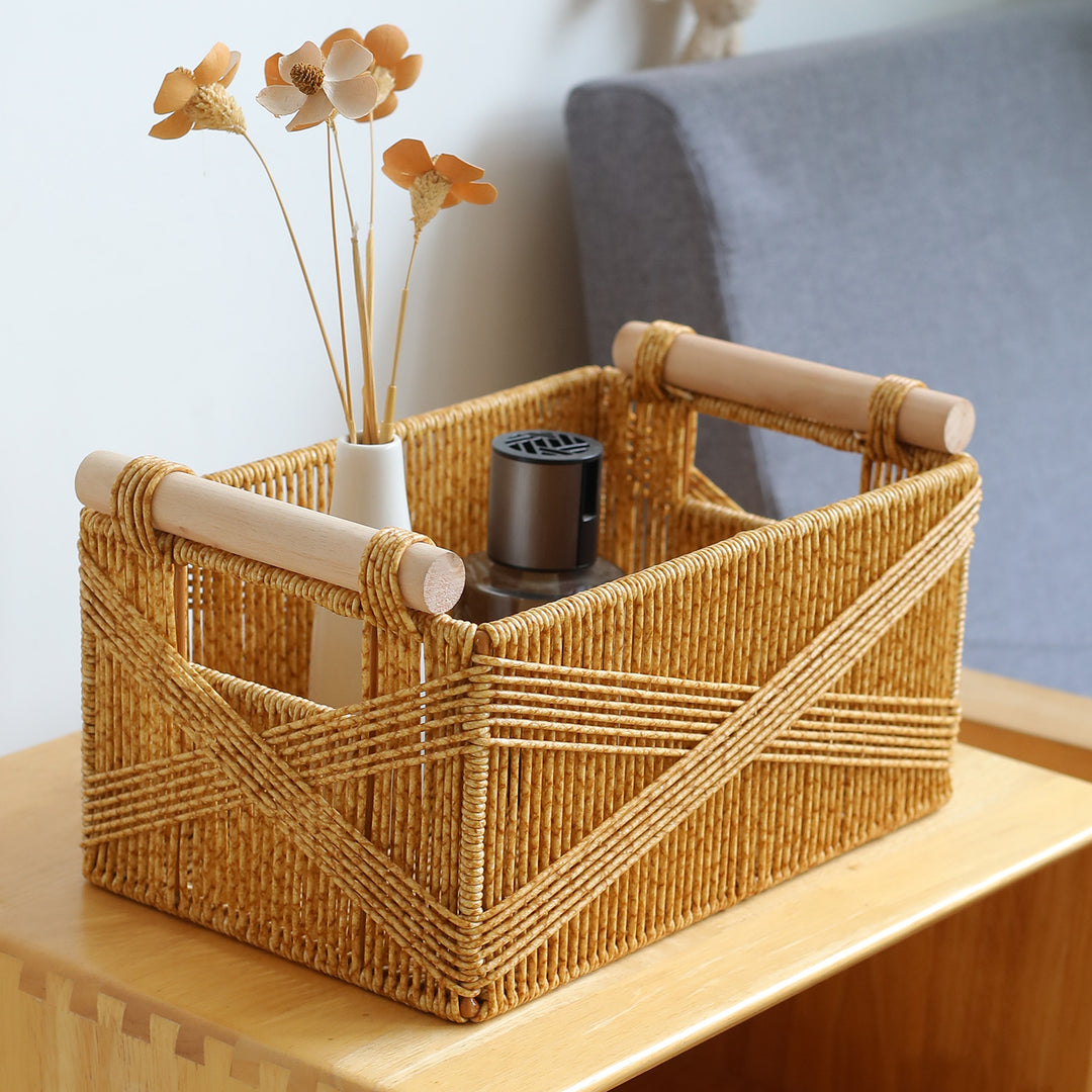 Unisex Functional Storage Basket with Ergonomic Wooden Handles Stornfield
