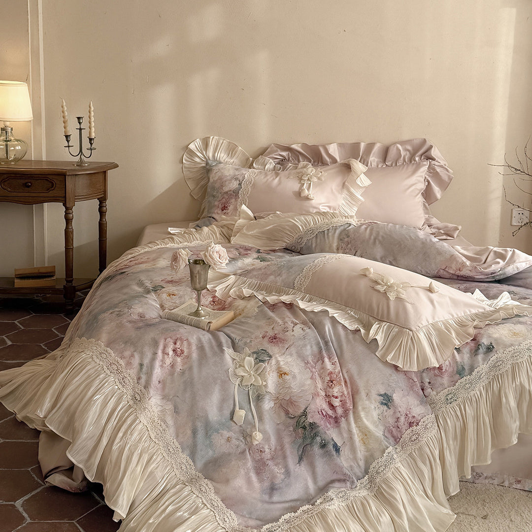 Floral Watercolor Sateen Ruffled Duvet Cover Set with Lace Trim and Pleated Bed Skirt