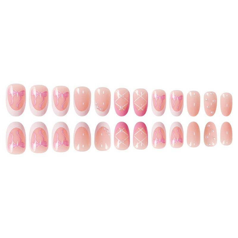 Elegant Decorative Press-On Nail Set with Bow and Pearl Accents Stornfield