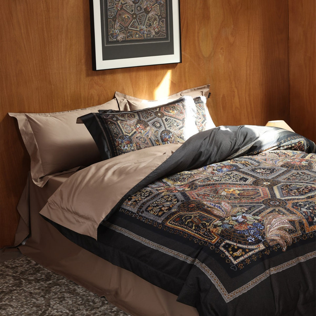 Ornate Mosaic-Print Cotton-Sateen Duvet Cover Ensemble with Solid Sateen Border & Pillow Shams