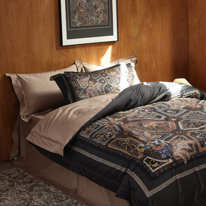 Ornate Mosaic-Print Cotton-Sateen Duvet Cover Ensemble with Solid Sateen Border & Pillow Shams