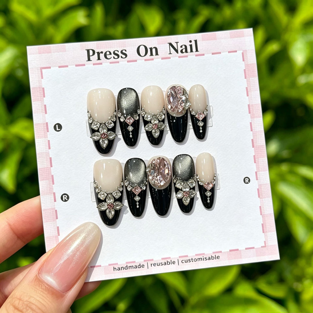 Decorative Press-On Nail Set with Gem Accents  1791774365