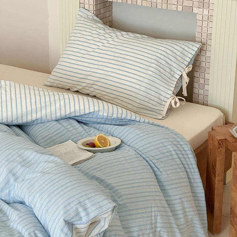 Striped Cotton-Linen Duvet Cover Set with Tied Pillowcases