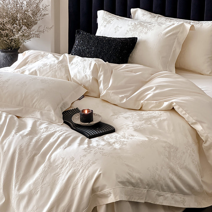Silky Jacquard Damask Duvet Cover Set with Floral Weave and Hidden Closure