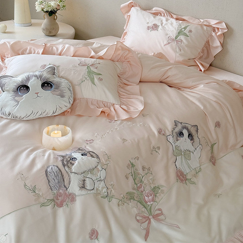 Ruffled Embroidered Cotton Sateen Cat-Motif Duvet Cover Set