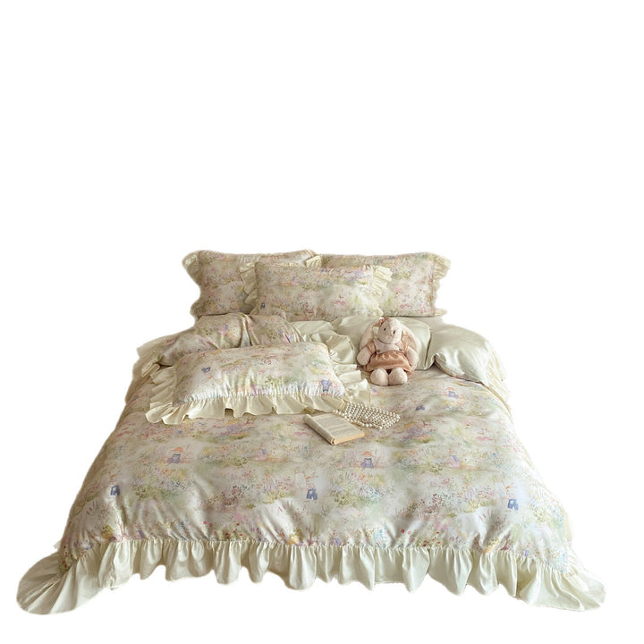 Luxury Ruffled Satin Duvet Cover Set with Pastel Floral Print and Pillow Shams